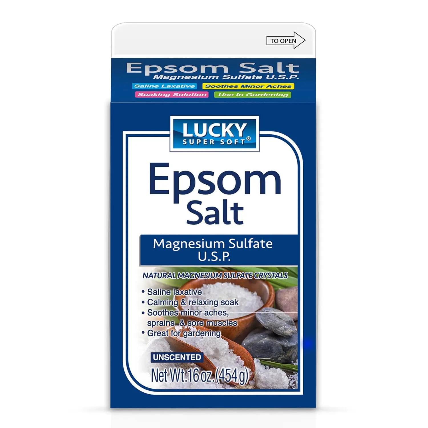 Lucky Super Soft Epsom Salt, a saline laxative, offers a calming and relaxing soak that soothes minor aches, sprains, and sore muscles.