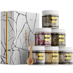 This elegant Epsom salts gift set includes six jars of relaxing bath soaks with essential oils, perfect for a luxurious spa experience at home and makes a thoughtful self-care gift for women.