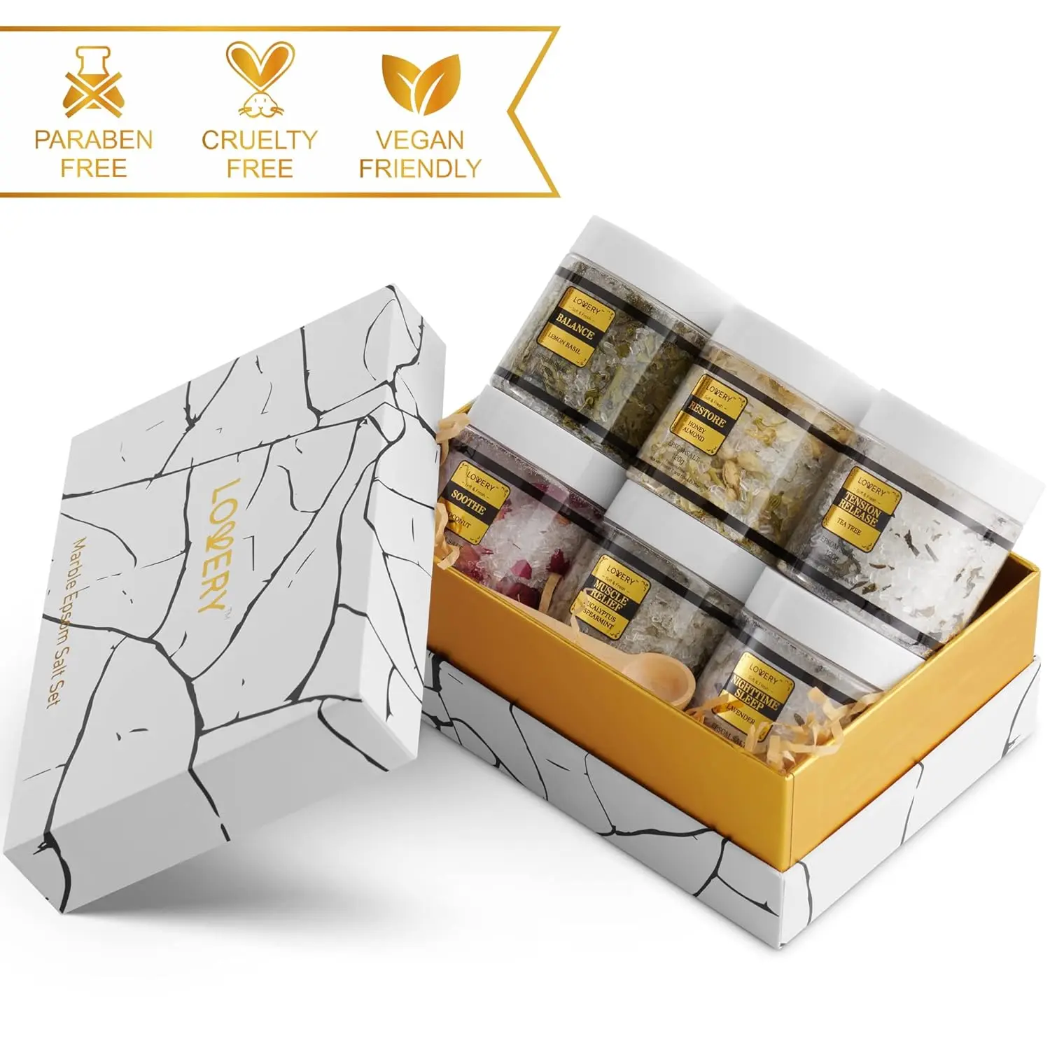 This elegant Epsom salts gift set includes six jars of relaxing bath soaks with essential oils, perfect for a luxurious spa experience at home and makes a thoughtful self-care gift for women.