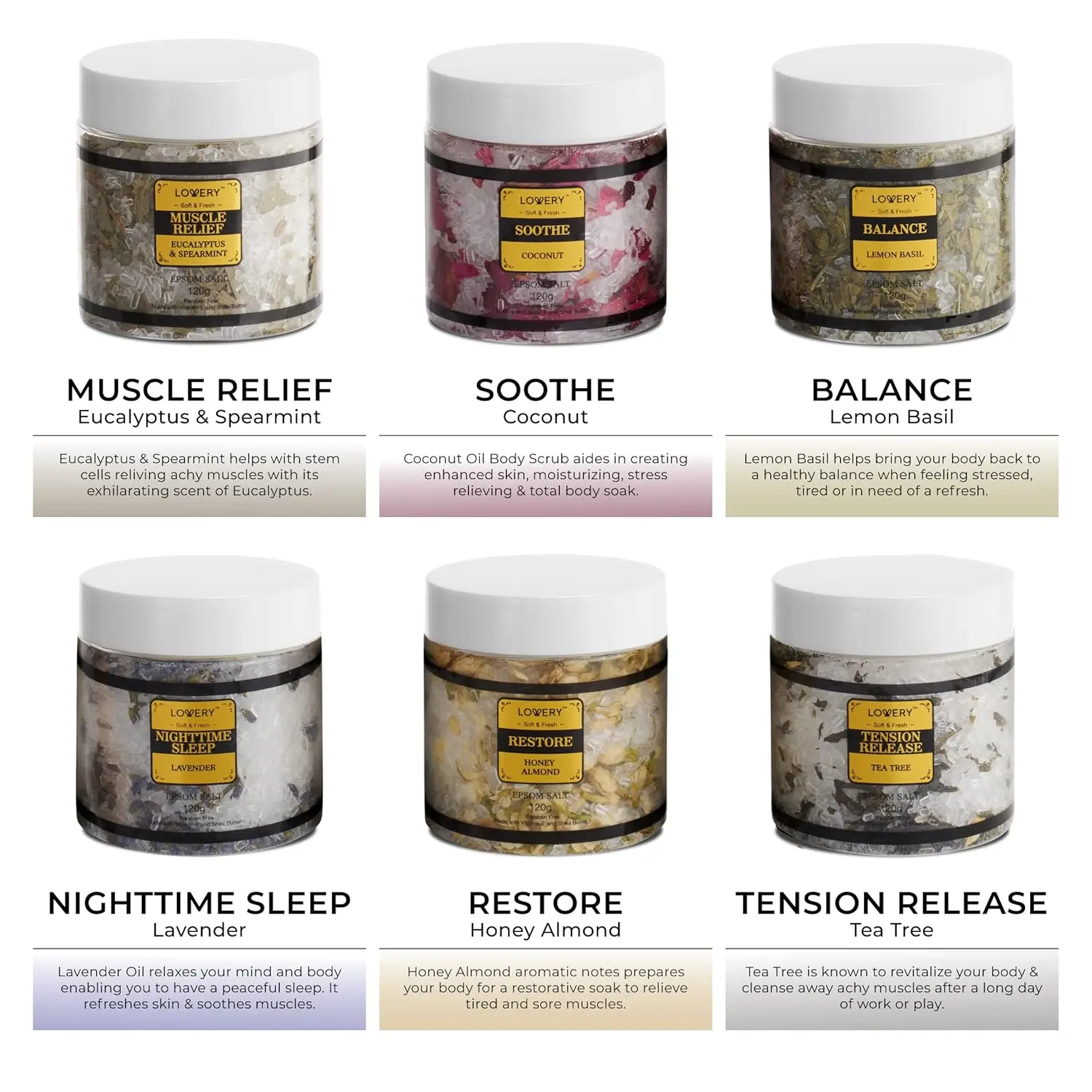 This elegant Epsom salts gift set includes six jars of relaxing bath soaks with essential oils, perfect for a luxurious spa experience at home and makes a thoughtful self-care gift for women.