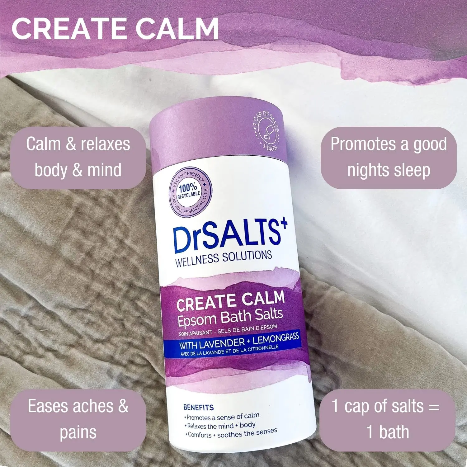 Soothing Epsom bath salts with lavender, chamomile, and lemongrass essential oils from DrSALTS+ promote relaxation and muscle recovery.