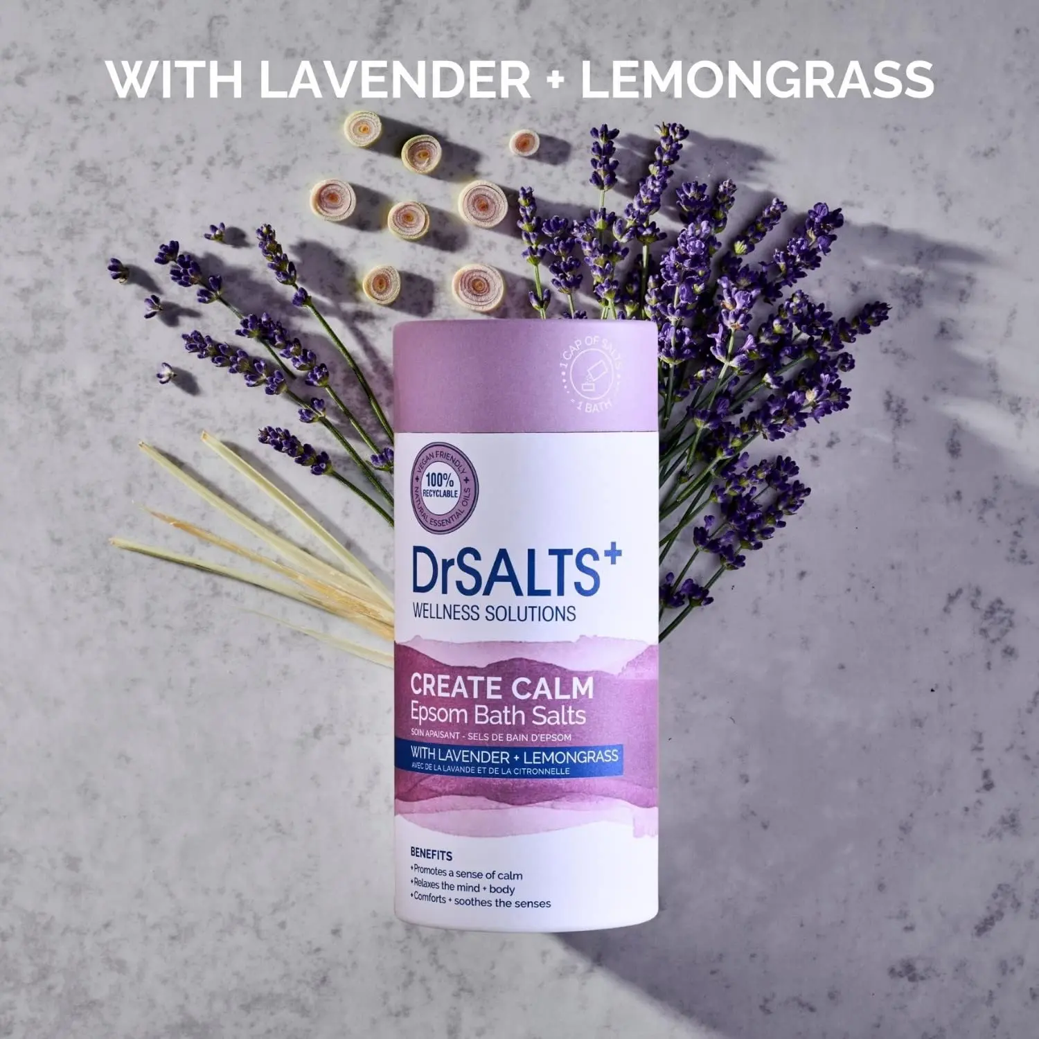 Soothing Epsom bath salts with lavender, chamomile, and lemongrass essential oils from DrSALTS+ promote relaxation and muscle recovery.