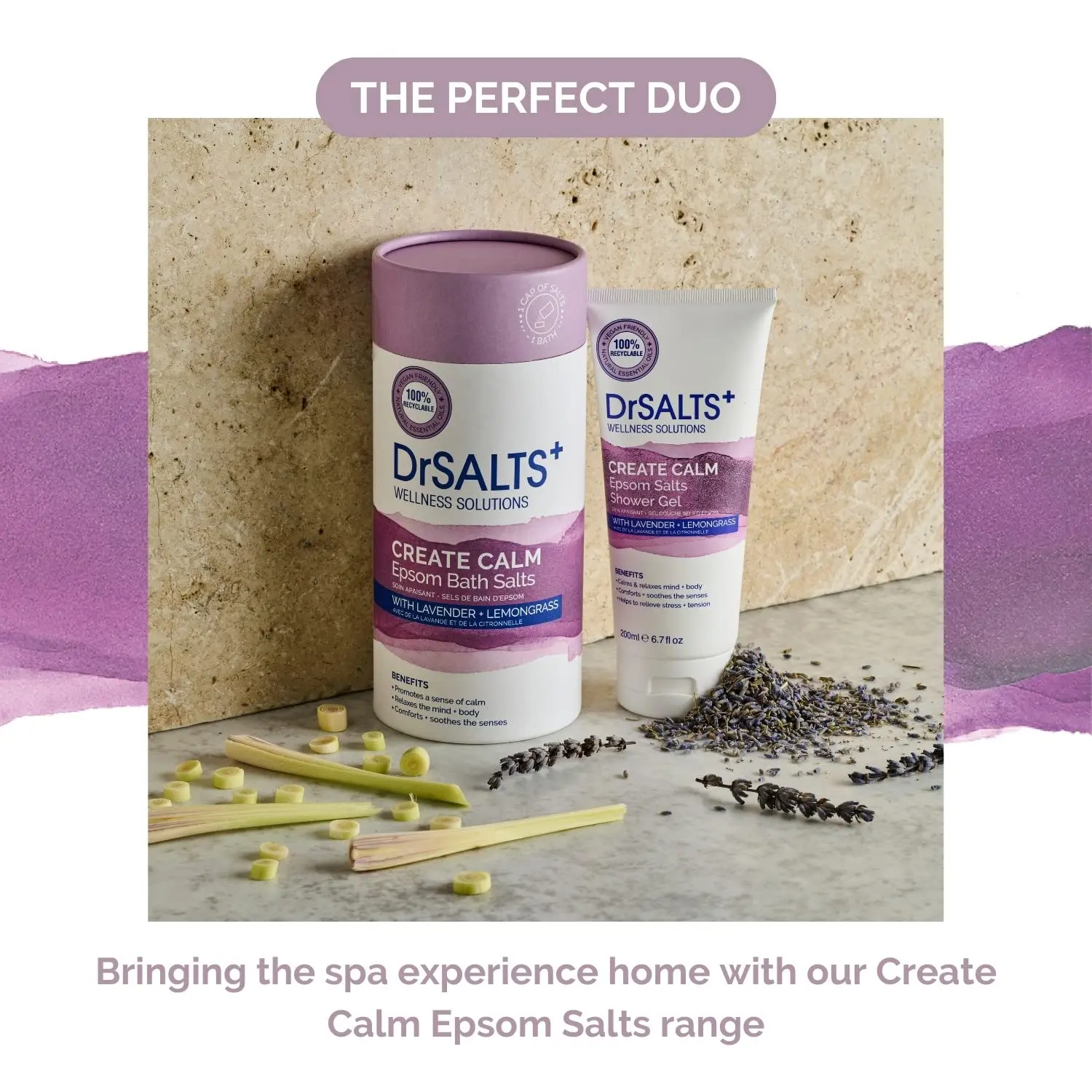 Soothing Epsom bath salts with lavender, chamomile, and lemongrass essential oils from DrSALTS+ promote relaxation and muscle recovery.