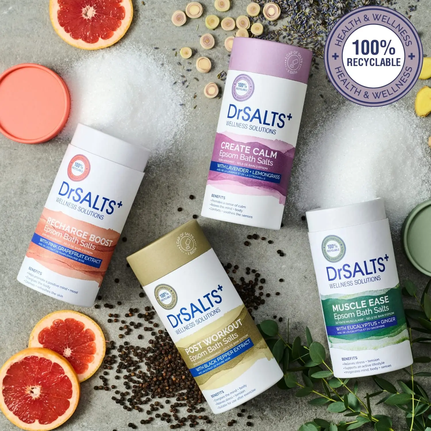 Soothing Epsom bath salts with lavender, chamomile, and lemongrass essential oils from DrSALTS+ promote relaxation and muscle recovery.