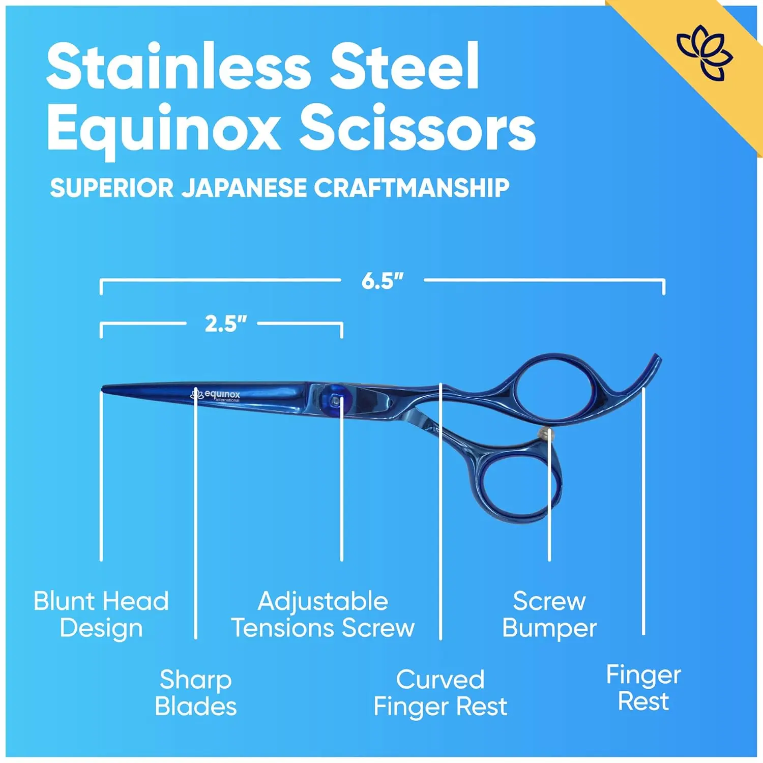 Equinox professional 6.5 inch hair cutting scissors made with Japanese stainless steel featuring a razor edge for effortless and precise haircuts at home or in a salon.