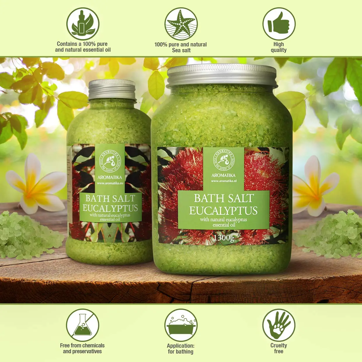 AROMATIKA Eucalyptus sea salt with natural essential oil for a relaxing and aromatic bath to help with stress relief, better sleep, and overall beauty and body care.