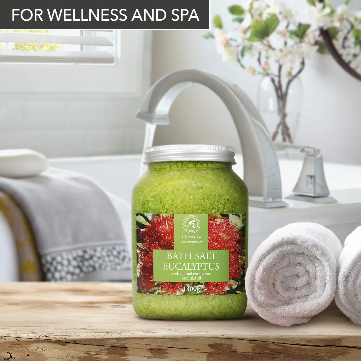 AROMATIKA Eucalyptus sea salt with natural essential oil for a relaxing and aromatic bath to help with stress relief, better sleep, and overall beauty and body care.