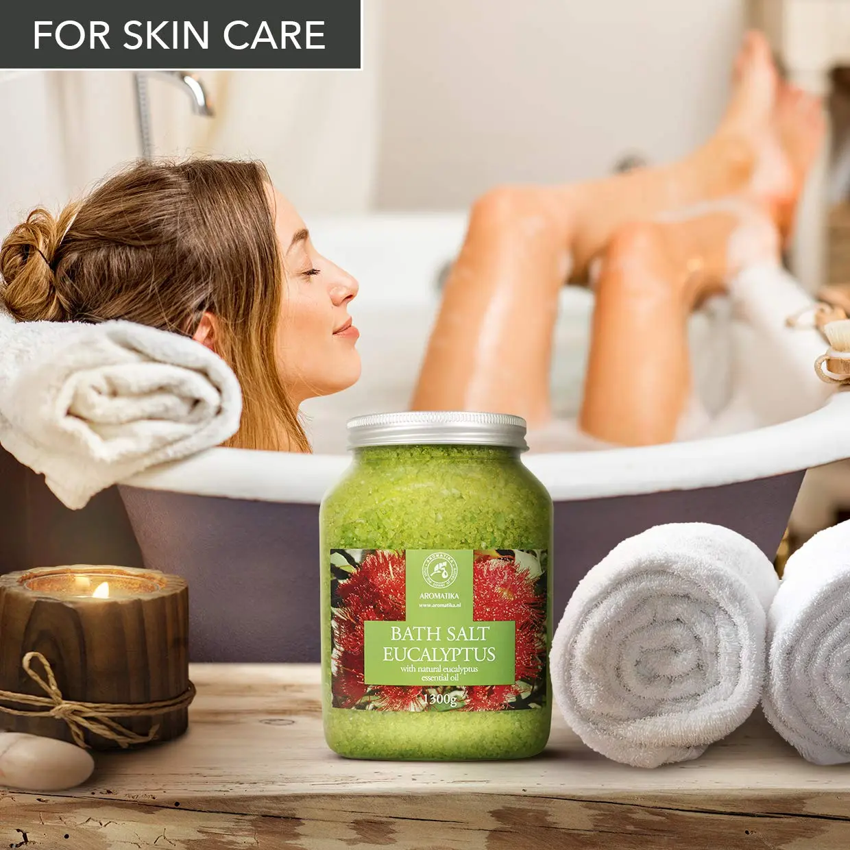 AROMATIKA Eucalyptus sea salt with natural essential oil for a relaxing and aromatic bath to help with stress relief, better sleep, and overall beauty and body care.