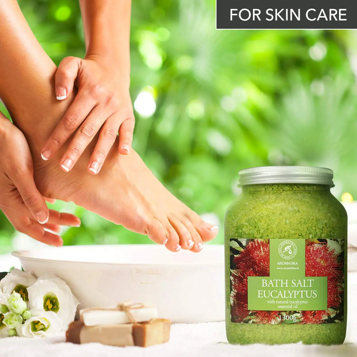 AROMATIKA Eucalyptus sea salt with natural essential oil for a relaxing and aromatic bath to help with stress relief, better sleep, and overall beauty and body care.