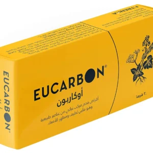 Bottle of Eucarbon Digestive Tabs, a natural supplement to relieve bloating, constipation, and regulate bowel movements for improved digestive health.
