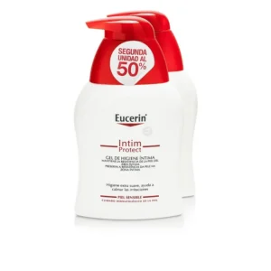 Two bottles of Eucerin Intimate Hygiene Gel, a gentle cleanser that soothes and maintains natural vaginal microflora.