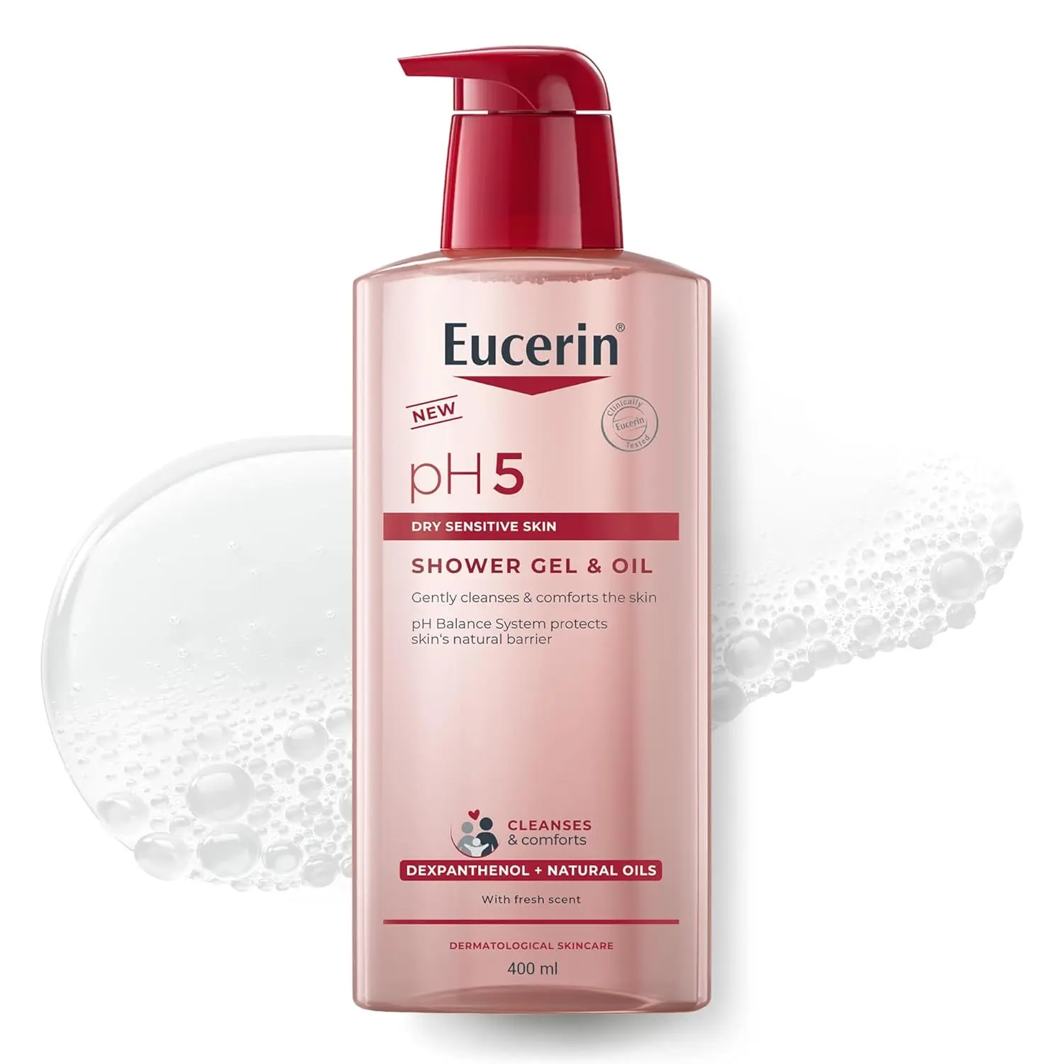Eucerin pH5 shower gel gently cleanses and comforts dry, sensitive skin while protecting its natural barrier with Dexpanthenol and natural oils.