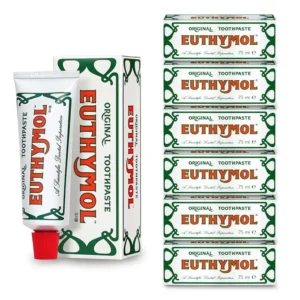 Six tubes of Euthymol Original Toothpaste, each 75ml, offering a distinctive and aromatic oral hygiene experience.