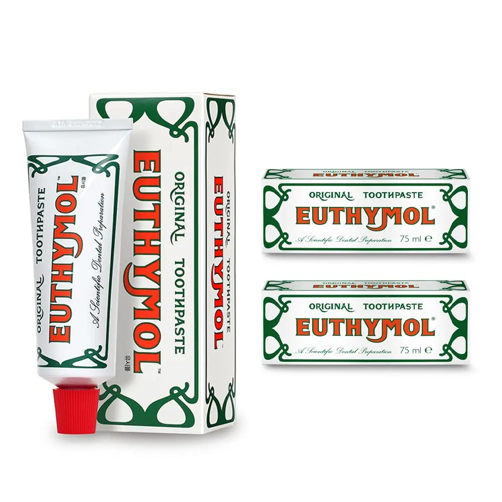 Two tubes of Euthymol Original Toothpaste, a fluoride-free, antibacterial toothpaste that protects against plaque and cavities for clean, healthy teeth and gums.