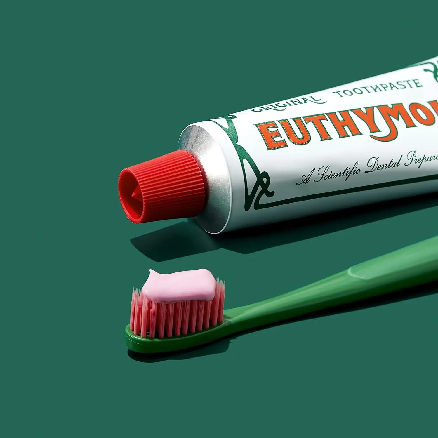 Two tubes of Euthymol Original Toothpaste, a fluoride-free, antibacterial toothpaste that protects against plaque and cavities for clean, healthy teeth and gums.