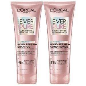 L'Oréal Paris EverPure bonding shampoo and conditioner set revitalizes color-treated, bleached, or damaged hair, strengthening weak bonds for silky smooth results.