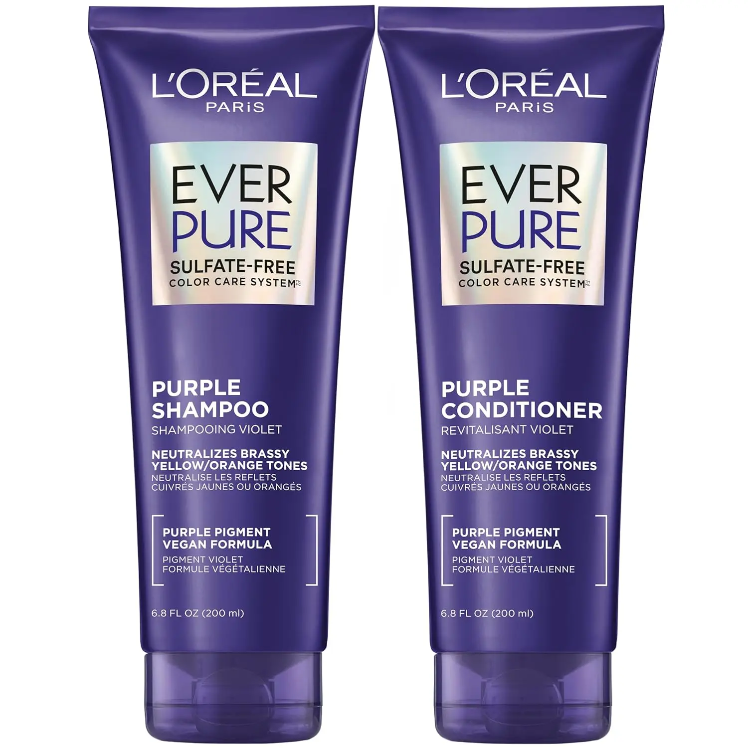 L'Oreal Paris EverPure brass toning purple shampoo and conditioner set neutralizes brassy tones while hydrating blonde, bleached, highlighted, and silver color-treated hair.