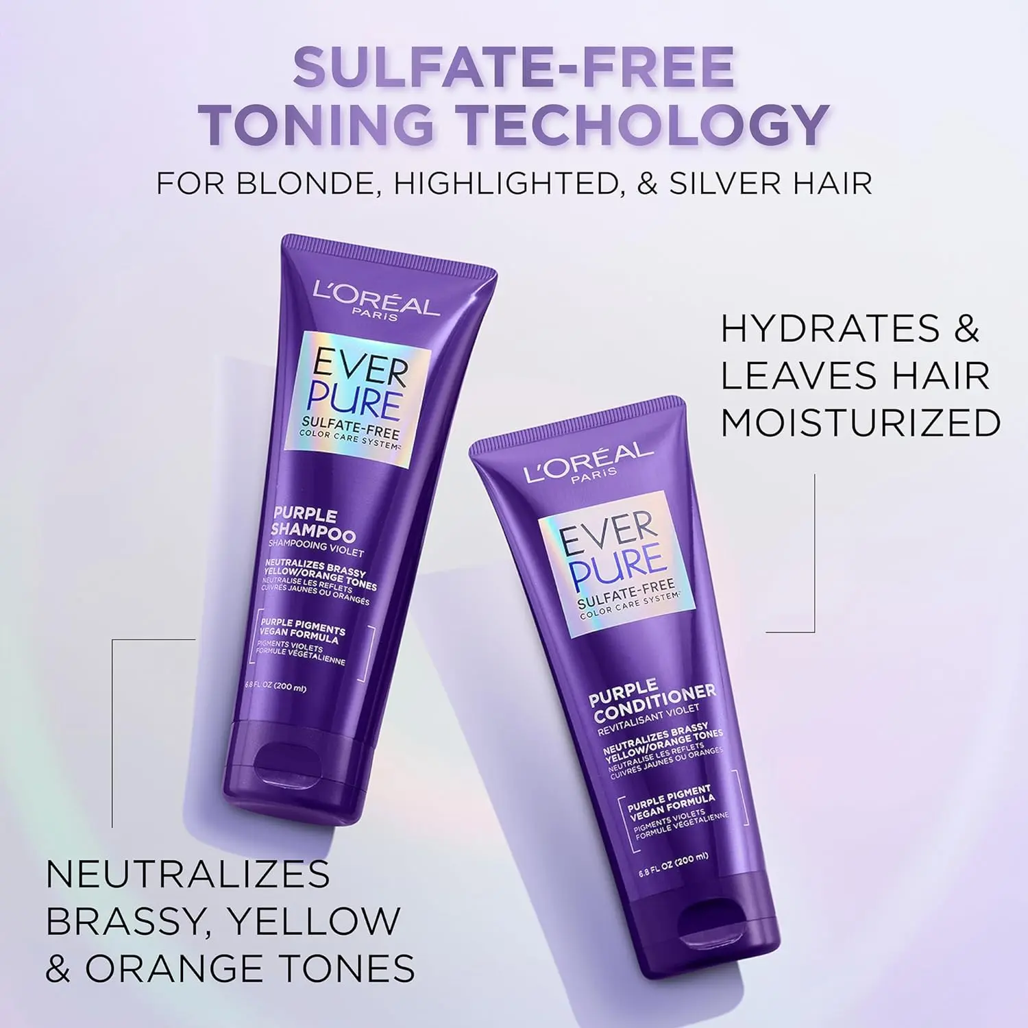 L'Oreal Paris EverPure brass toning purple shampoo and conditioner set neutralizes brassy tones while hydrating blonde, bleached, highlighted, and silver color-treated hair.