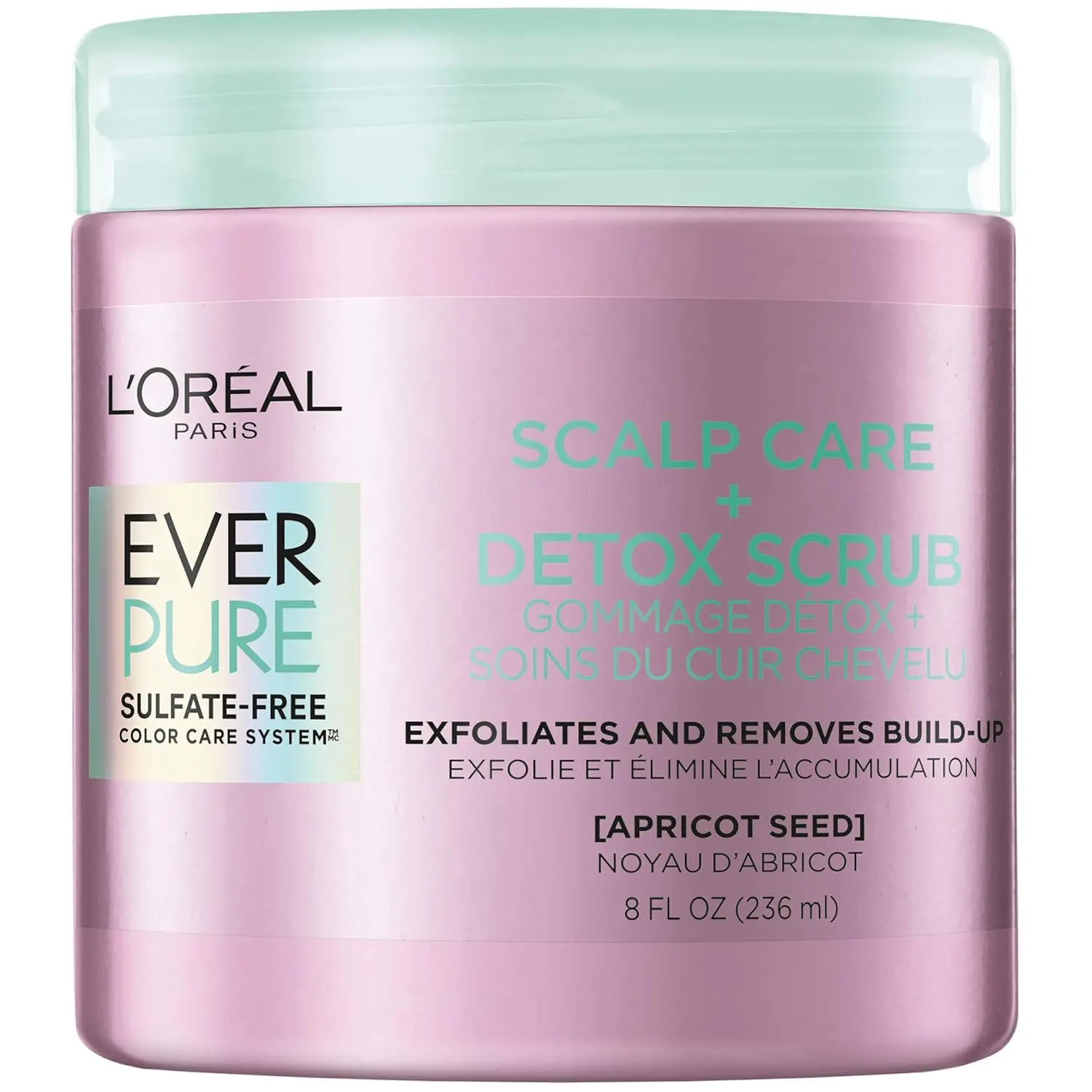 L'Oreal EverPure scalp care detox scrub with apricot seed exfoliates and removes impurities, excess oil, and product buildup for a refreshed, healthy scalp.