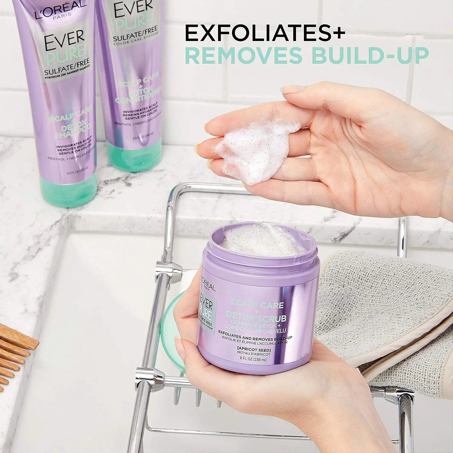 L'Oreal EverPure scalp care detox scrub with apricot seed exfoliates and removes impurities, excess oil, and product buildup for a refreshed, healthy scalp.