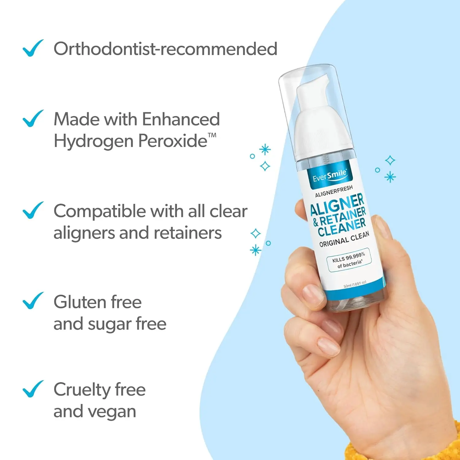 EverSmile WhiteFoam is a wearable aligner cleaner that whitens teeth, freshens breath, and works with Invisalign, dentures, and clear aligners.