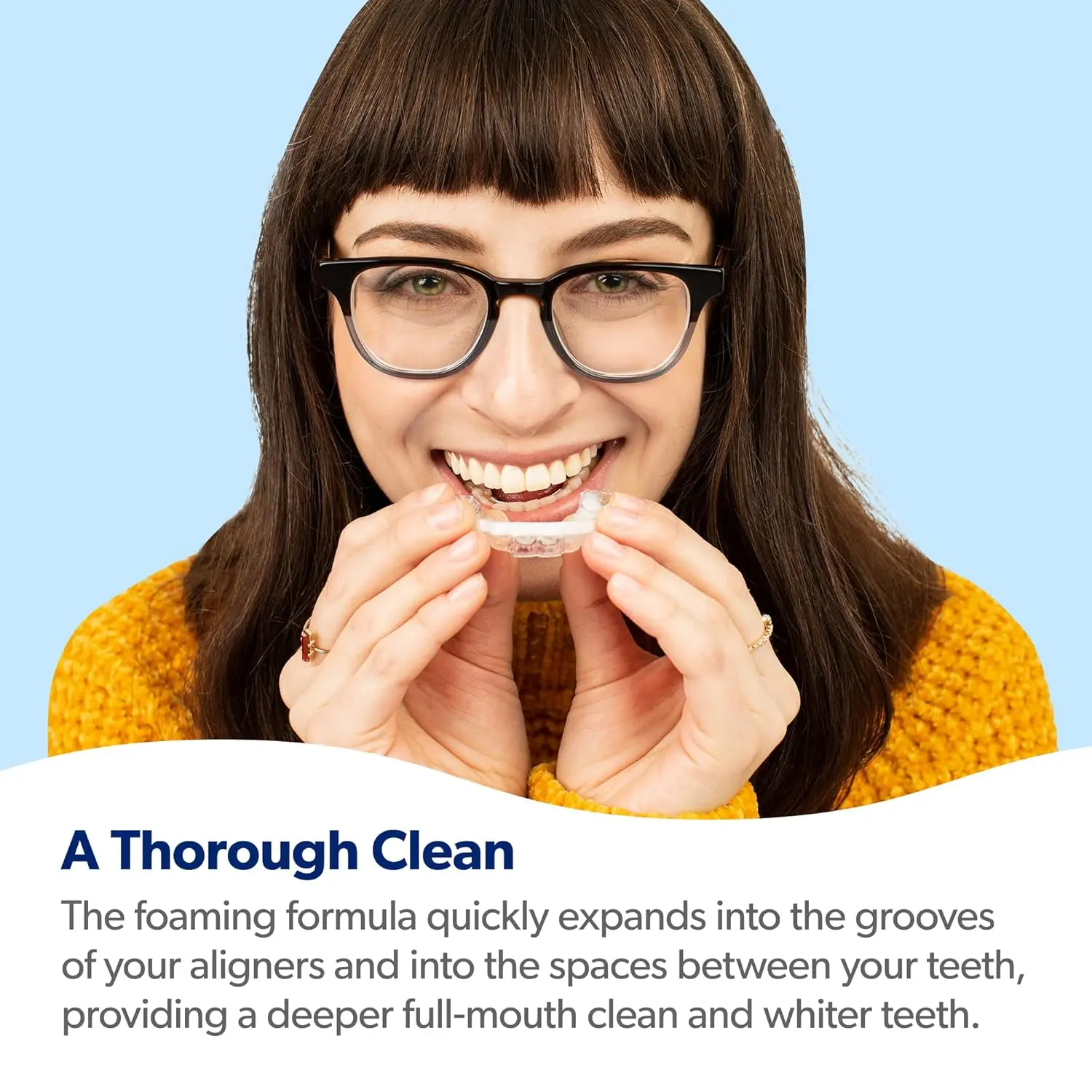 EverSmile WhiteFoam is a wearable aligner cleaner that whitens teeth, freshens breath, and works with Invisalign, dentures, and clear aligners.
