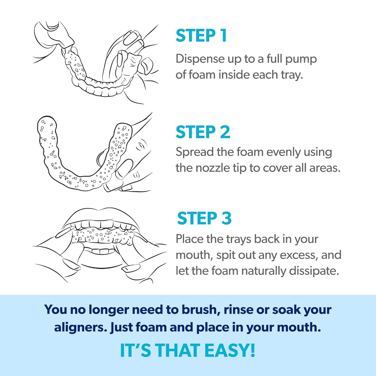 EverSmile WhiteFoam is a wearable aligner cleaner that whitens teeth, freshens breath, and works with Invisalign, dentures, and clear aligners.