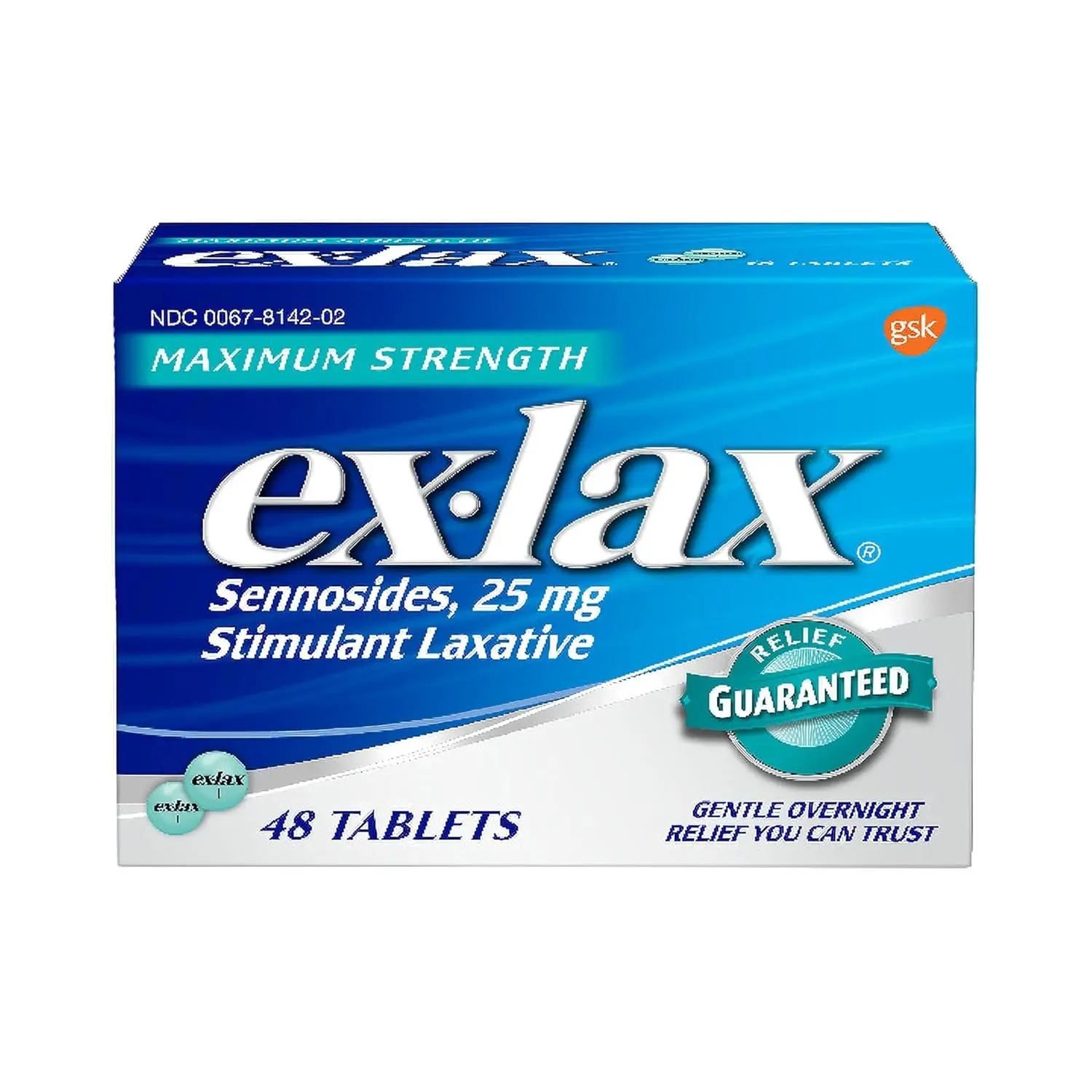 A box of Ex-Lax Maximum Strength stimulant laxative pills promises overnight relief from occasional constipation, with 48 pills in the package.