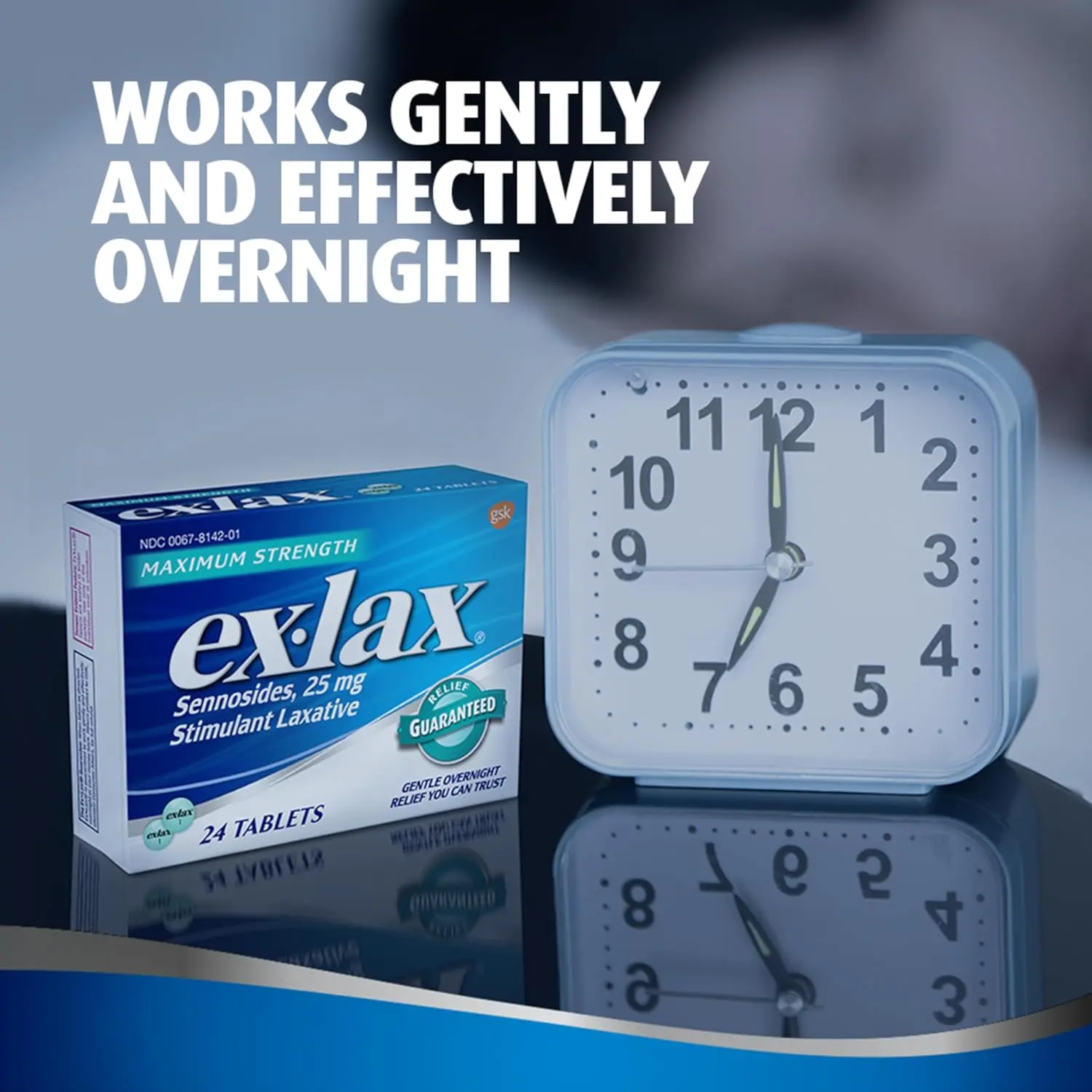 A box of Ex-Lax Maximum Strength stimulant laxative pills promises overnight relief from occasional constipation, with 48 pills in the package.