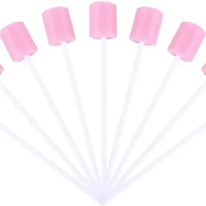 A pack of 100 sterile, unflavored Excefore disposable mouth swabs with plastic handles for gentle oral cleaning.