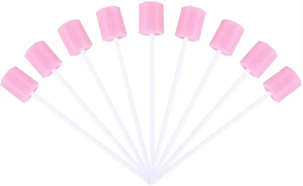 A pack of 100 sterile, unflavored Excefore disposable mouth swabs with plastic handles for gentle oral cleaning.