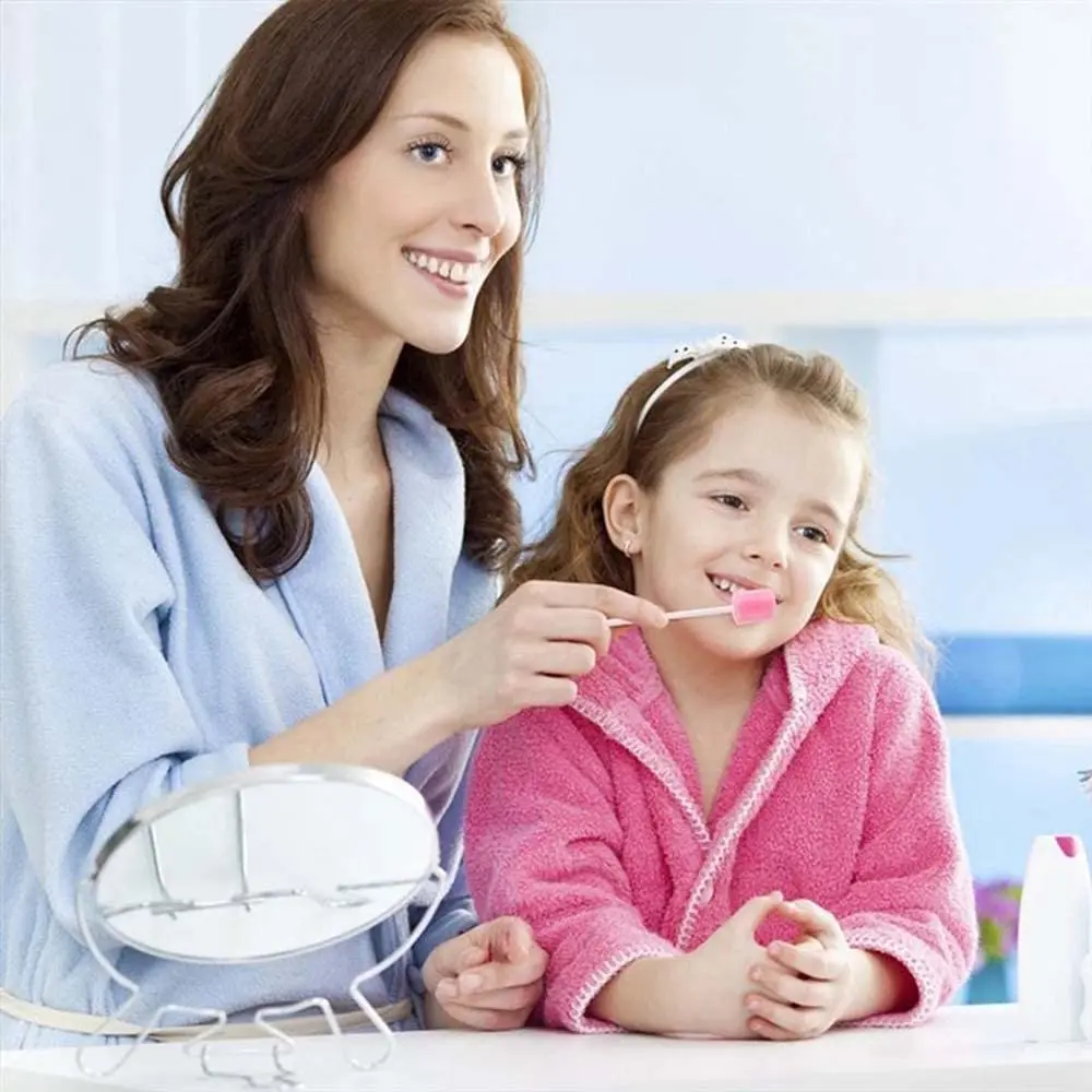 A pack of 100 sterile, unflavored Excefore disposable mouth swabs with plastic handles for gentle oral cleaning.