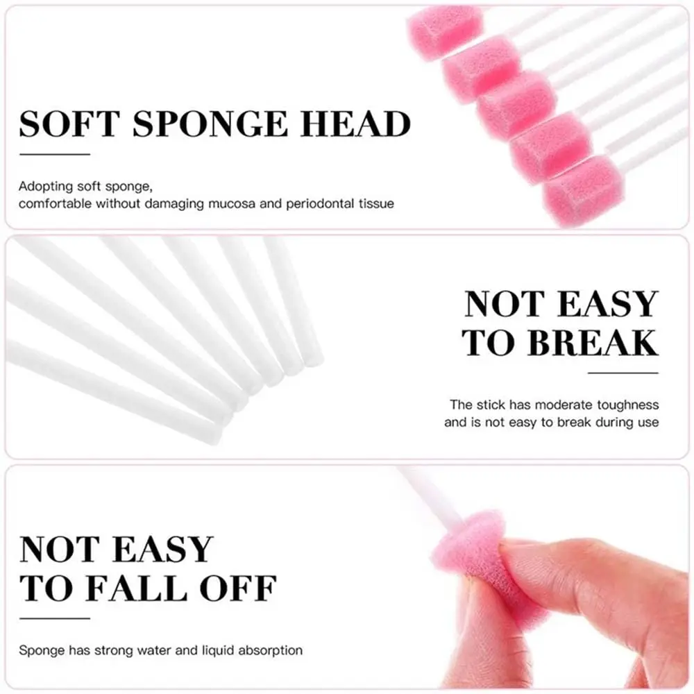 A pack of 100 sterile, unflavored Excefore disposable mouth swabs with plastic handles for gentle oral cleaning.
