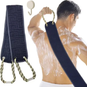 This extra-long, double-sided exfoliating back scrubber with handles makes it easy to wash and deep clean hard-to-reach areas in the shower.