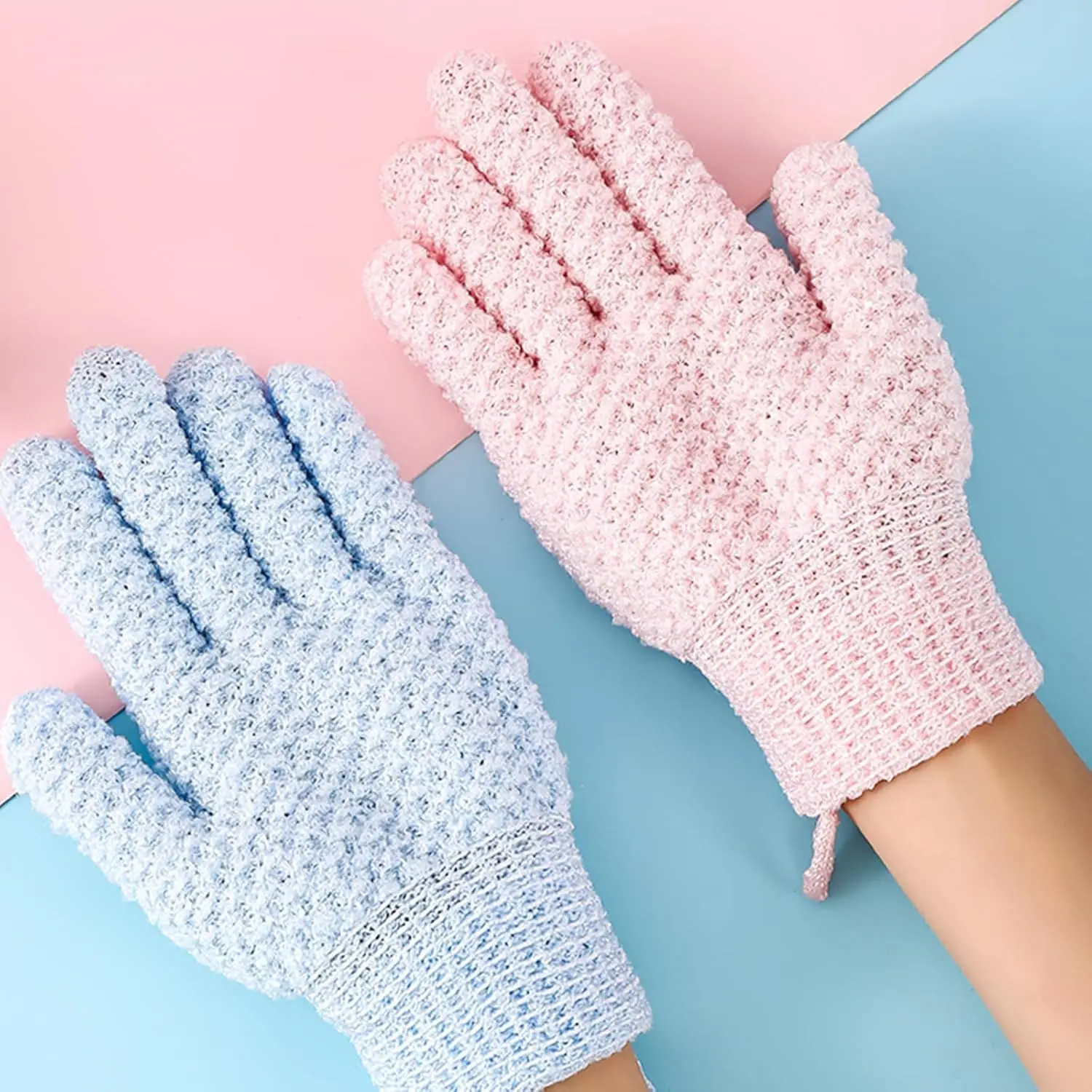 This image shows a 4-pack of colorful, textured exfoliating bath gloves designed for deep cleansing and removing dead skin cells in the shower or spa.