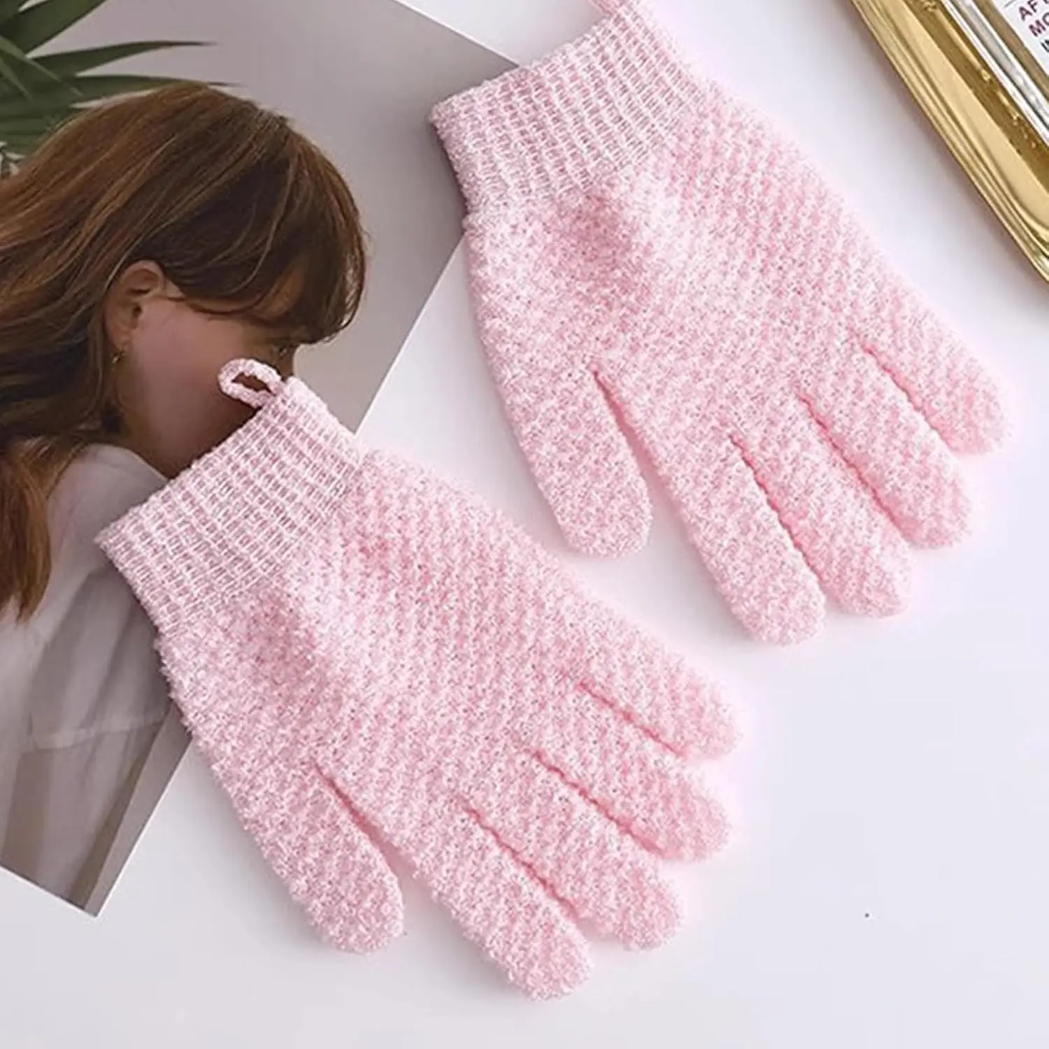 This image shows a 4-pack of colorful, textured exfoliating bath gloves designed for deep cleansing and removing dead skin cells in the shower or spa.