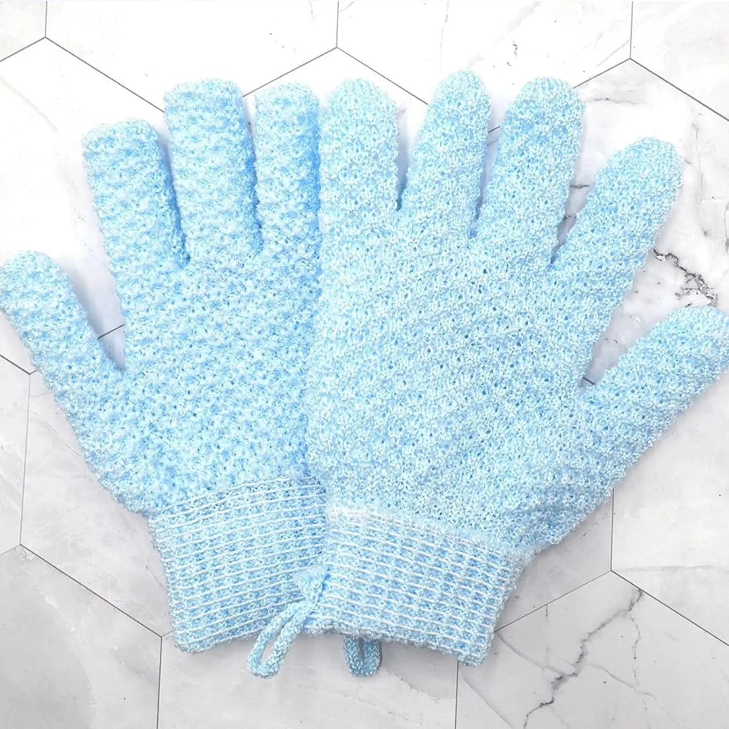 This image shows a 4-pack of colorful, textured exfoliating bath gloves designed for deep cleansing and removing dead skin cells in the shower or spa.