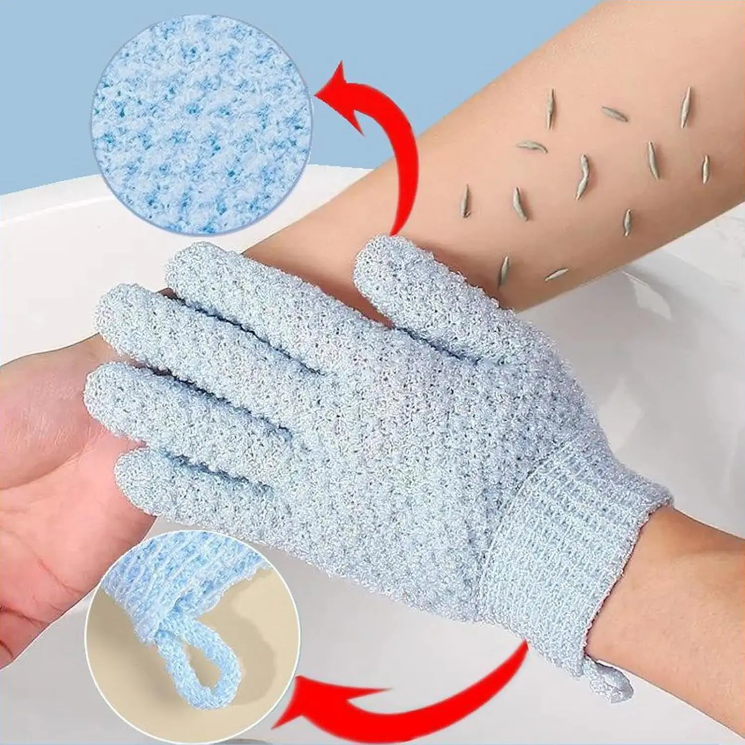 This image shows a 4-pack of colorful, textured exfoliating bath gloves designed for deep cleansing and removing dead skin cells in the shower or spa.