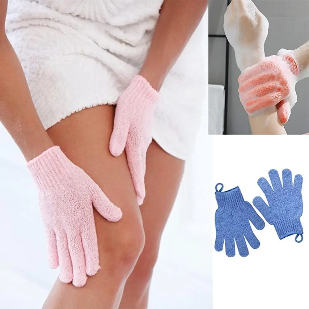 This image shows a 4-pack of colorful, textured exfoliating bath gloves designed for deep cleansing and removing dead skin cells in the shower or spa.