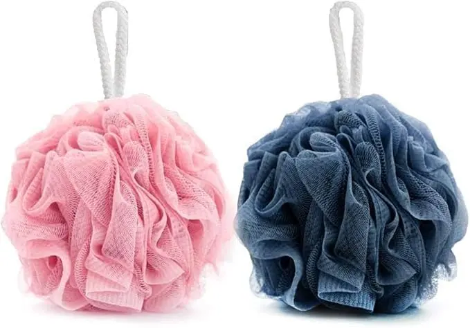 Double-sided exfoliating bath mitts in assorted vibrant colors gently remove dead skin cells and improve circulation for both men and women.