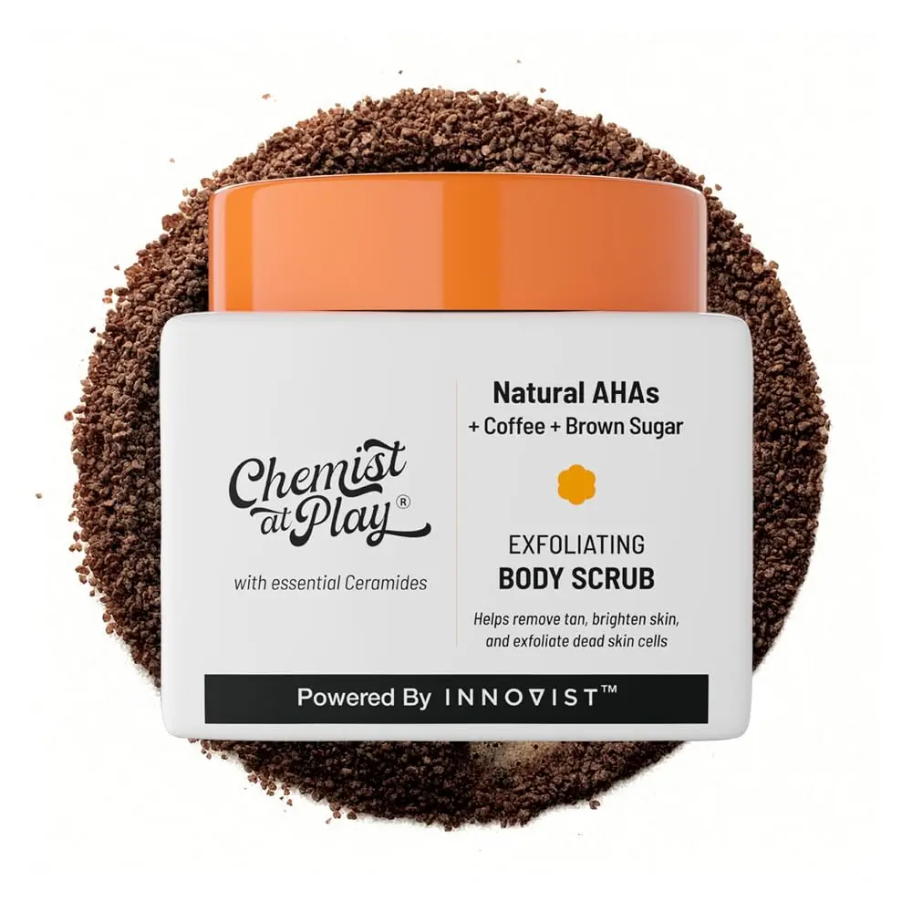 Chemist At Play exfoliating body scrub with coffee and AHAs gently removes tan, dead skin cells, and rough bumps for smooth, bright skin.