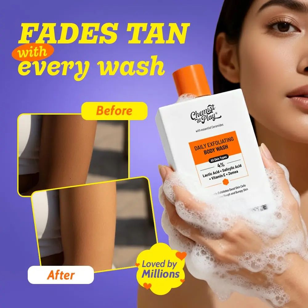 Chemist at Play exfoliating body wash with lactic acid gently exfoliates rough and bumpy skin, revealing smoother, softer skin and even skin tone.