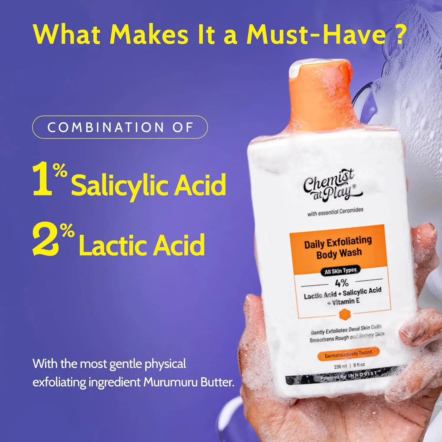 Chemist at Play exfoliating body wash with lactic acid gently exfoliates rough and bumpy skin, revealing smoother, softer skin and even skin tone.