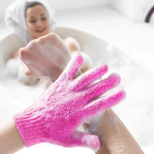 Rose red exfoliating gloves used as a body scrubber for spa massage and bathing accessories.