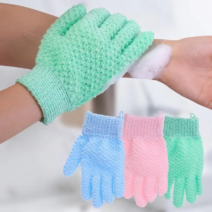 A pair of green exfoliating gloves for shower and body scrubs, with a hanging loop.