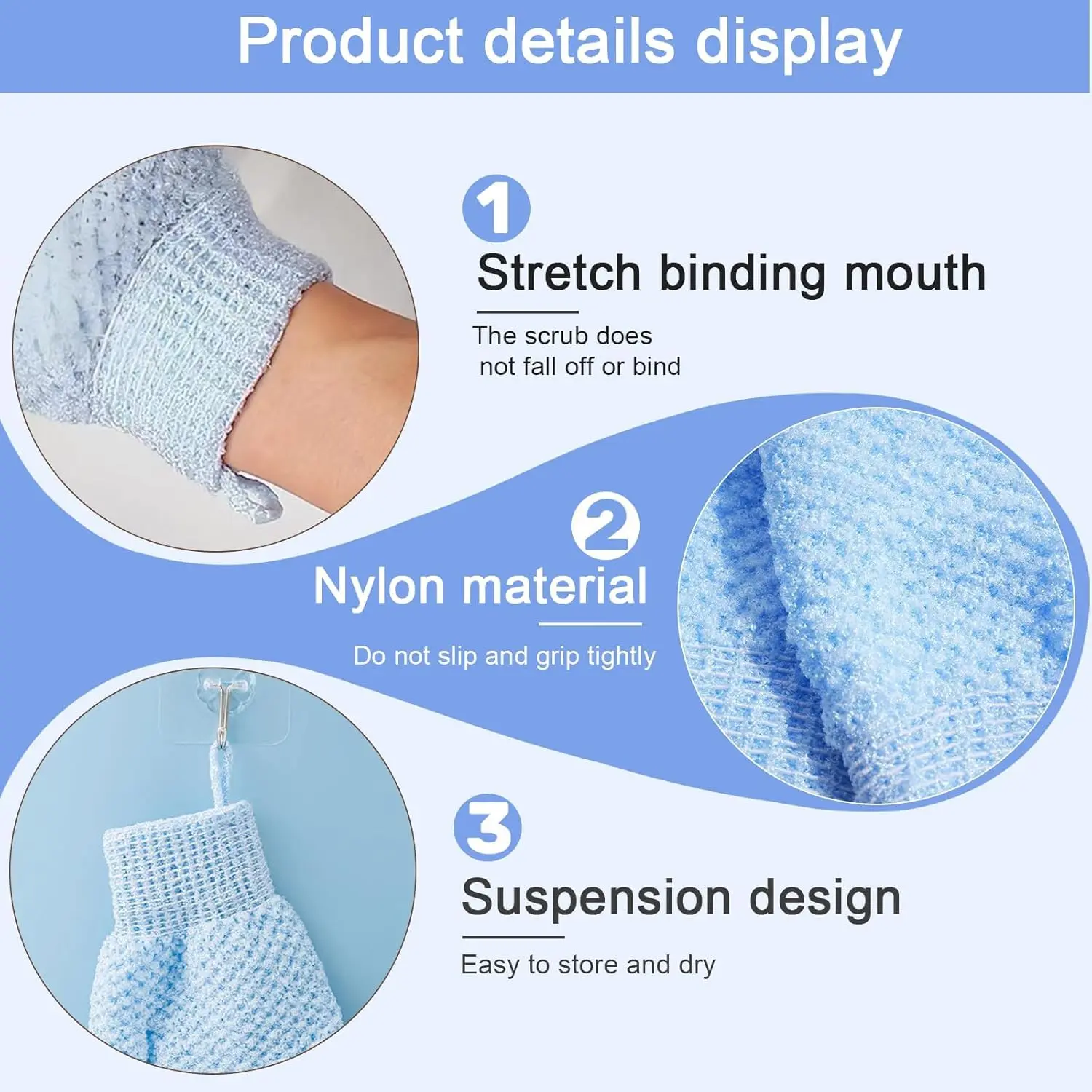 A pair of green exfoliating gloves for shower and body scrubs, with a hanging loop.