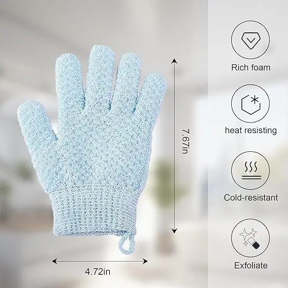 A pair of green exfoliating gloves for shower and body scrubs, with a hanging loop.