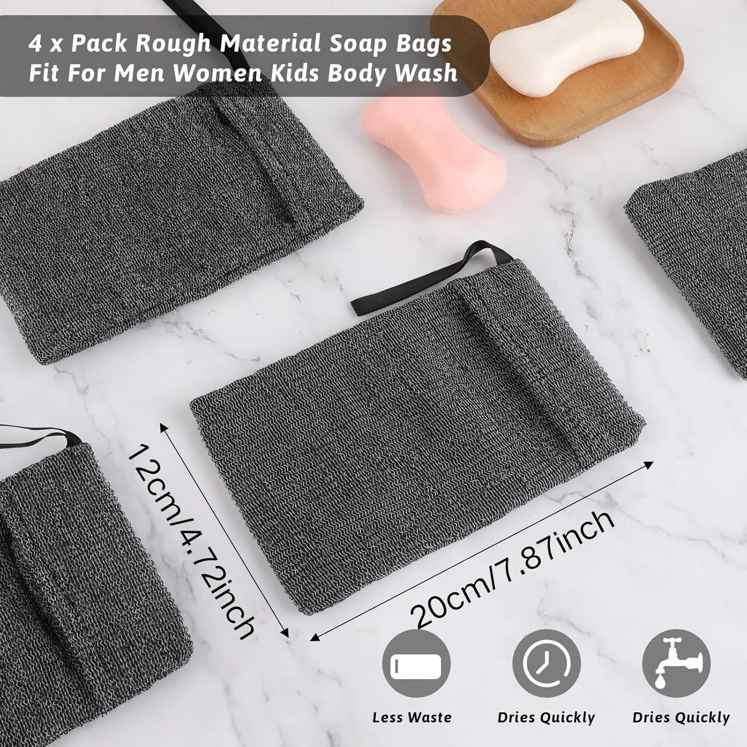 A four-pack of nylon mesh soap saver bags in different colors, designed for exfoliating and creating a rich lather with bar soap in the bath or shower, displayed against a white background.