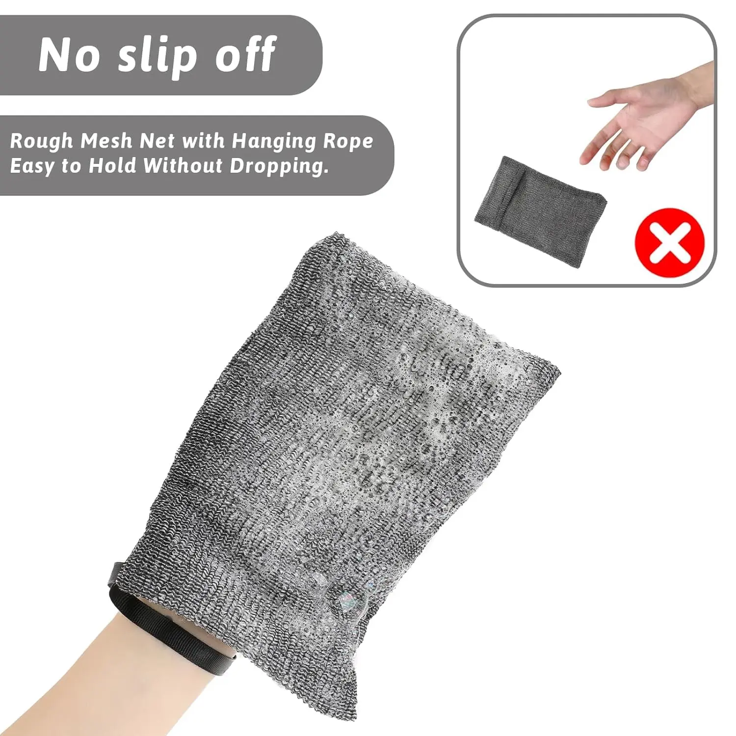 A four-pack of nylon mesh soap saver bags in different colors, designed for exfoliating and creating a rich lather with bar soap in the bath or shower, displayed against a white background.