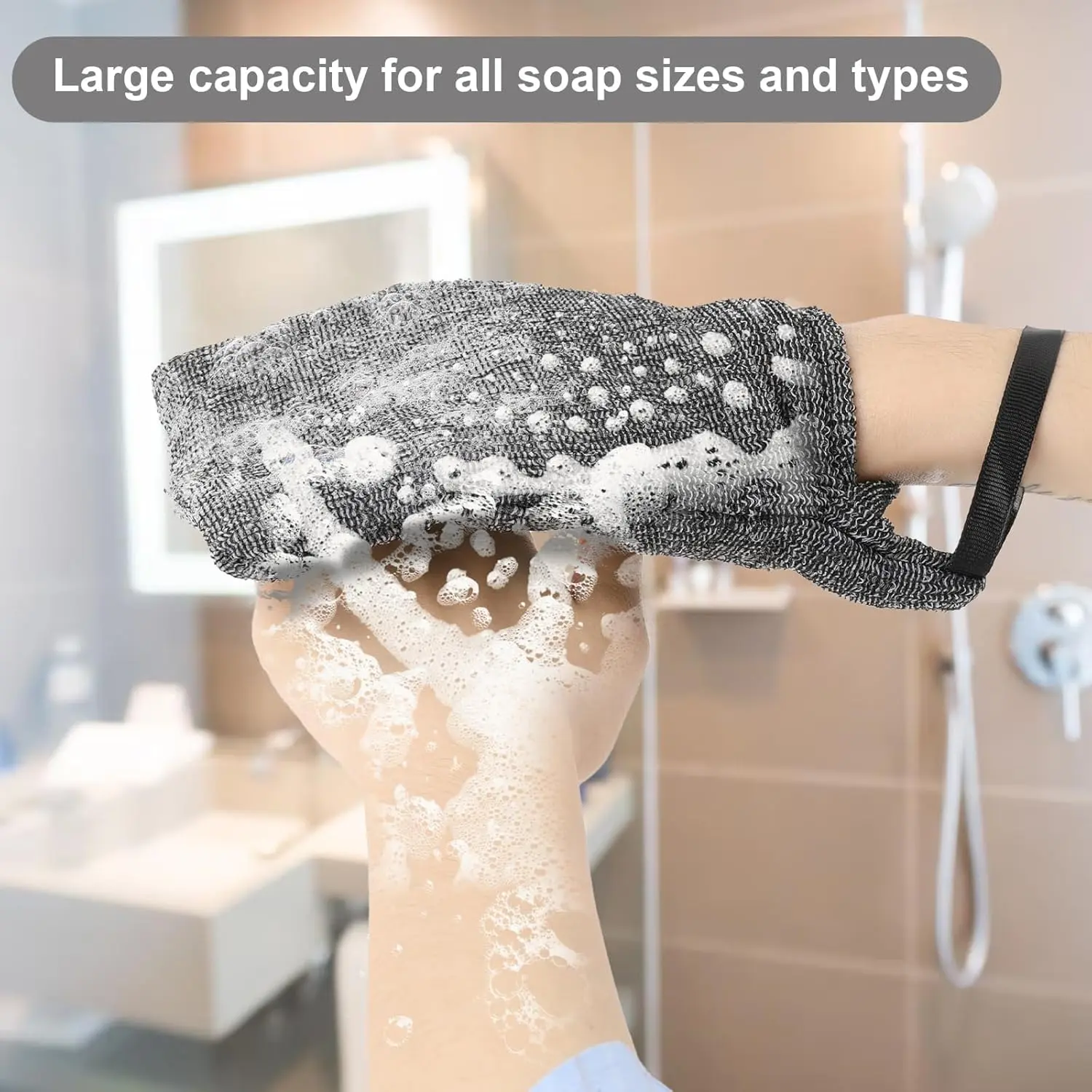 A four-pack of nylon mesh soap saver bags in different colors, designed for exfoliating and creating a rich lather with bar soap in the bath or shower, displayed against a white background.